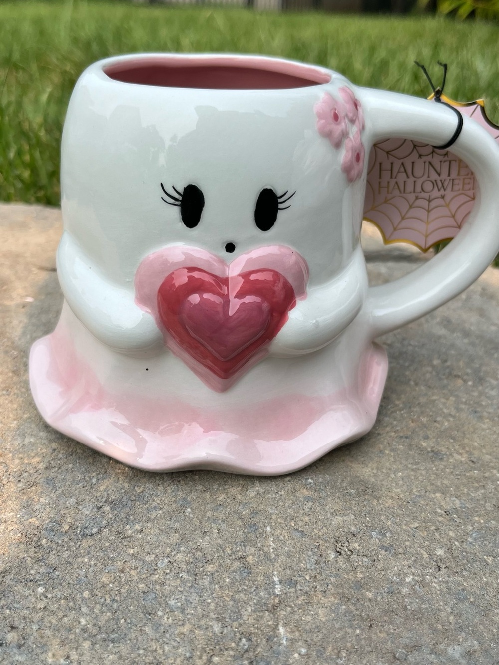 Cute Ghost Heart Mug - Pink & White Ceramic